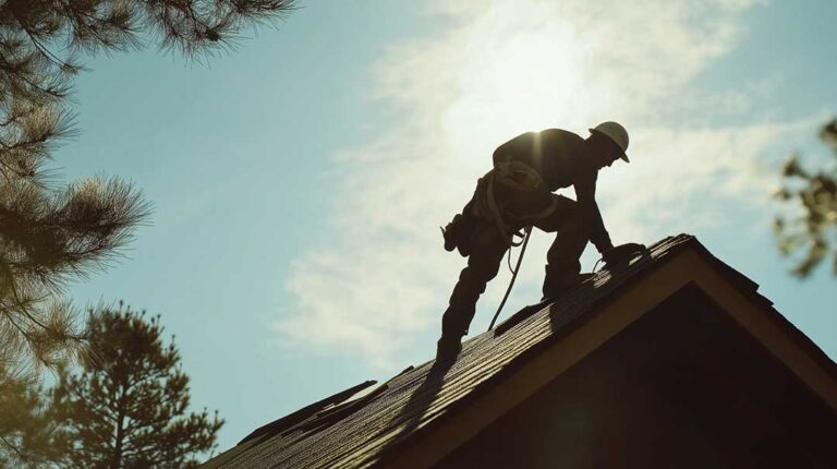 A baseball rests beside cracked shingles near a roof edge after an apparent impact.